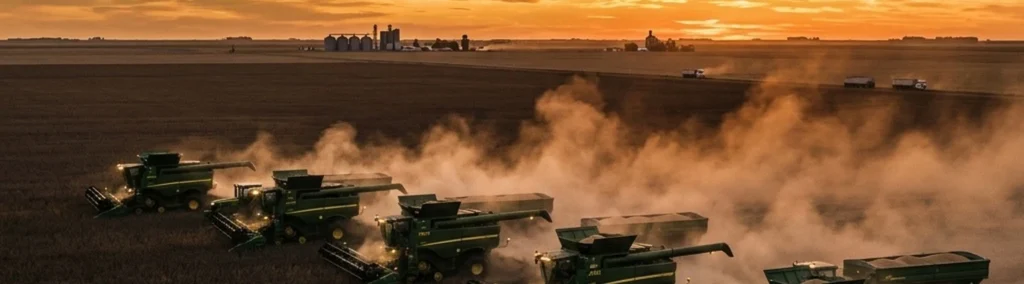 Cosechadoras trabajando al atardecer en la llanura pampeana argentina.