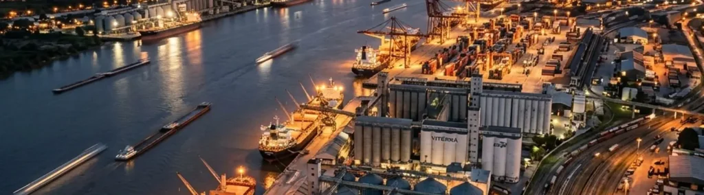 Puerto de Rosario al anochecer con silos de granos, buques y terminal de contenedores sobre el río Paraná.