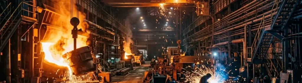 Interior de planta siderúrgica argentina con horno de fundición y operaciones de soldadura.