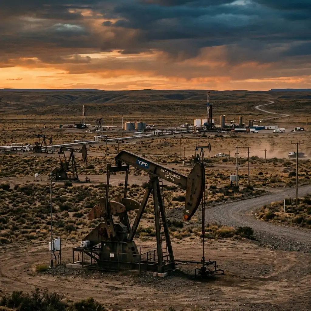 Bombas de petróleo en operación en la formación Vaca Muerta, Neuquén, Argentina.